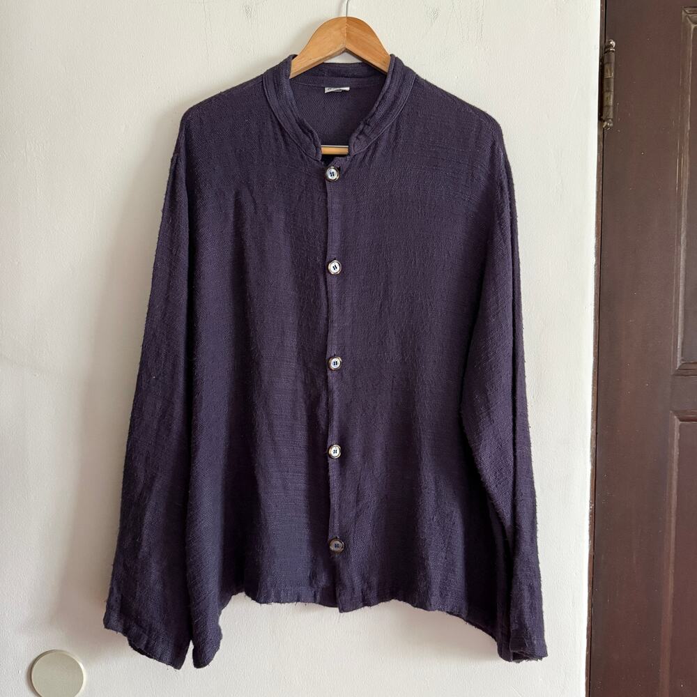 CP Shades 90s Vintage Aubergine Purple Button down Linen Rayon Band Collar Top L